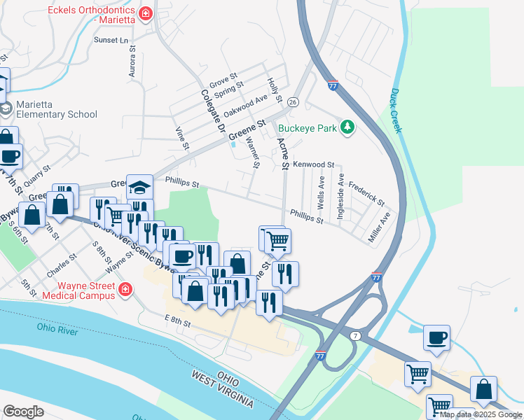 map of restaurants, bars, coffee shops, grocery stores, and more near 603 Phillips Street in Marietta