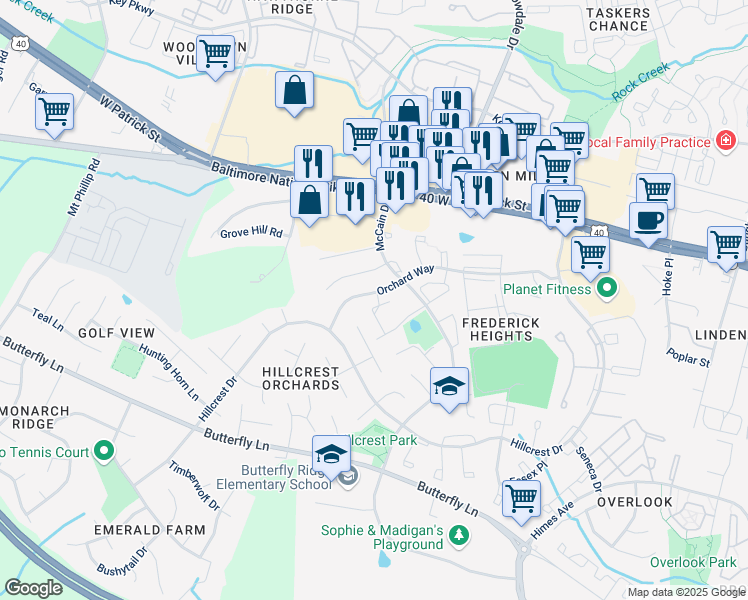 map of restaurants, bars, coffee shops, grocery stores, and more near 1402 David Lane in Frederick