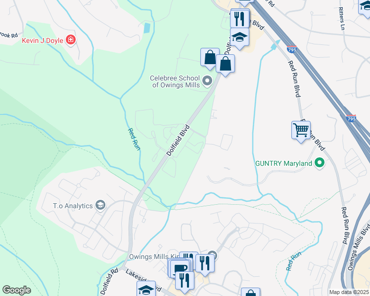 map of restaurants, bars, coffee shops, grocery stores, and more near 11027 Mill Centre Drive in Owings Mills