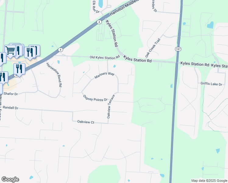 map of restaurants, bars, coffee shops, grocery stores, and more near 5530 Mariners Way in Butler County