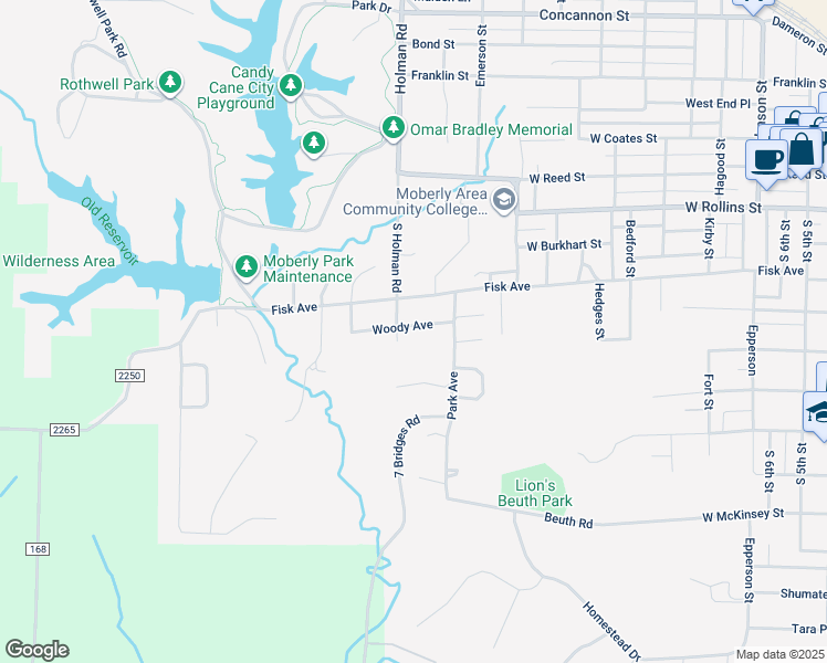 map of restaurants, bars, coffee shops, grocery stores, and more near 1224 Woody Avenue in Moberly