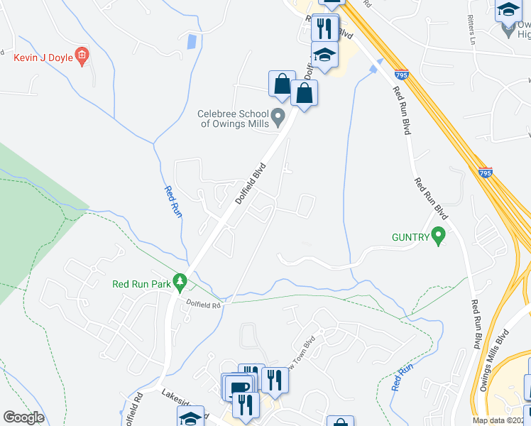 map of restaurants, bars, coffee shops, grocery stores, and more near 9506 Tessa Lane in Owings Mills