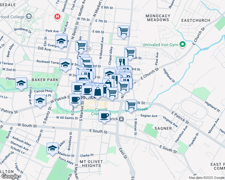 map of restaurants, bars, coffee shops, grocery stores, and more near 216 East Church Street in Frederick