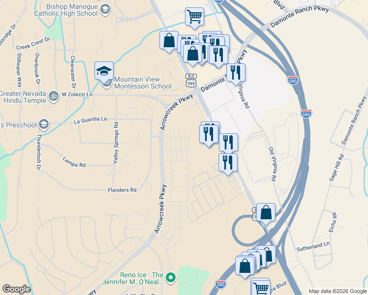map of restaurants, bars, coffee shops, grocery stores, and more near 12901 S Virginia St in Reno