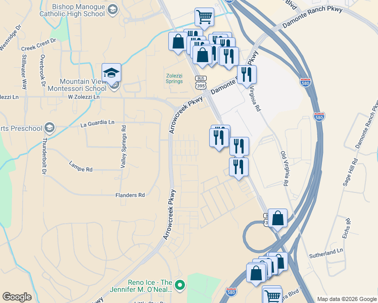 map of restaurants, bars, coffee shops, grocery stores, and more near 430 Flanders Road in Reno