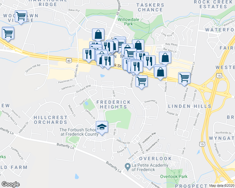 map of restaurants, bars, coffee shops, grocery stores, and more near 1128 Frontline Drive in Frederick