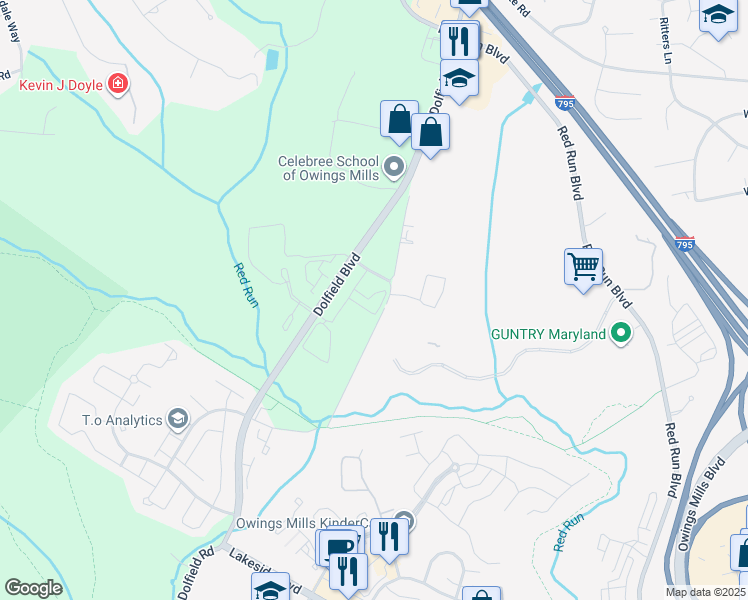 map of restaurants, bars, coffee shops, grocery stores, and more near 9500 Tessa Lane in Owings Mills