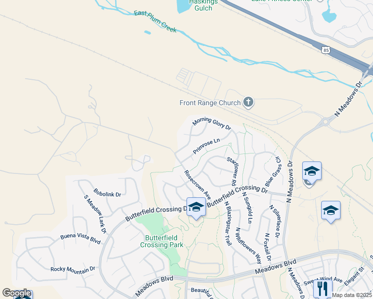 map of restaurants, bars, coffee shops, grocery stores, and more near 3914 Morning Glory Drive in Castle Rock