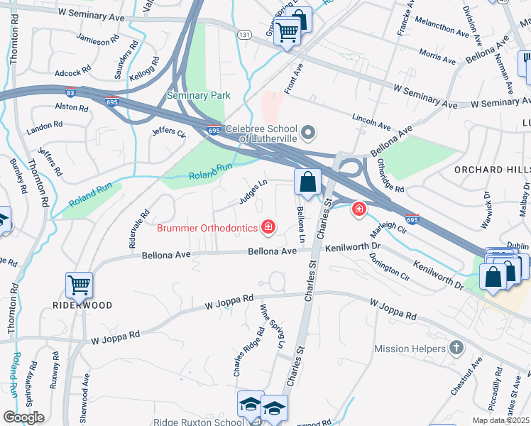 map of restaurants, bars, coffee shops, grocery stores, and more near 19 Coldwater Court in Towson