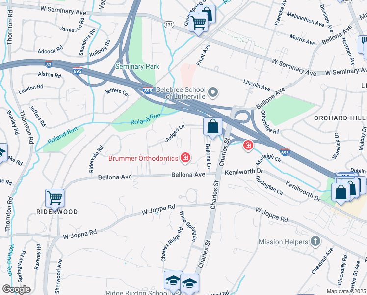 map of restaurants, bars, coffee shops, grocery stores, and more near 19 Coldwater Court in Towson