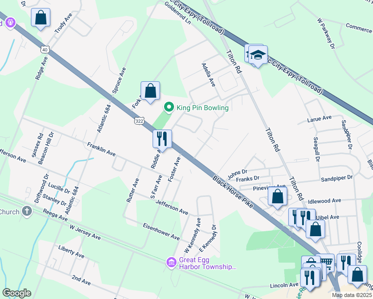 map of restaurants, bars, coffee shops, grocery stores, and more near 6636 Black Horse Pike in Egg Harbor Township