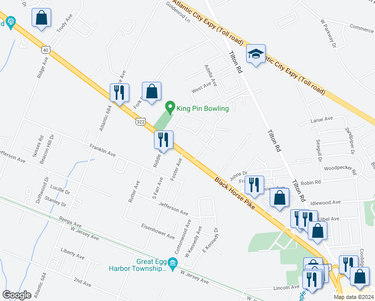 map of restaurants, bars, coffee shops, grocery stores, and more near 6636 Black Horse Pike in Egg Harbor Township