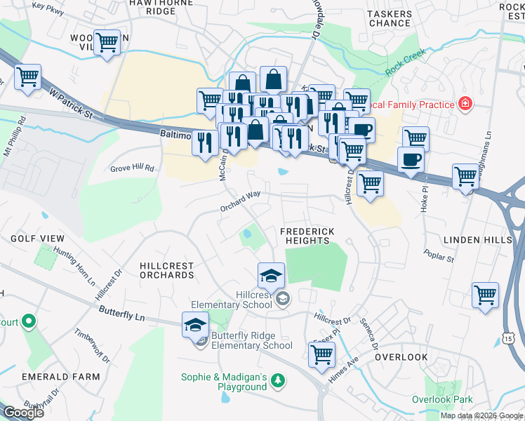 map of restaurants, bars, coffee shops, grocery stores, and more near 1227 Danielle Drive in Frederick