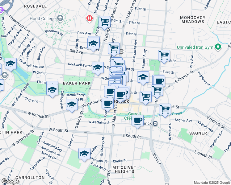 map of restaurants, bars, coffee shops, grocery stores, and more near 41 North Market Street in Frederick