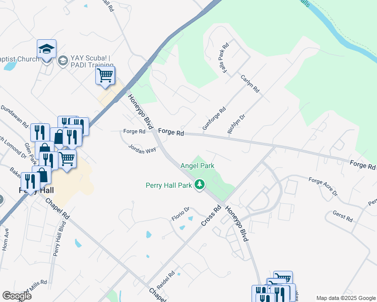 map of restaurants, bars, coffee shops, grocery stores, and more near 9685 Honeygo Boulevard in Perry Hall
