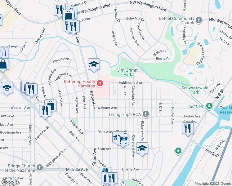map of restaurants, bars, coffee shops, grocery stores, and more near 940 North F Street in Hamilton