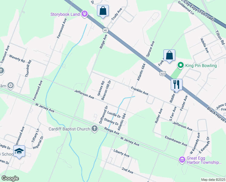 map of restaurants, bars, coffee shops, grocery stores, and more near 108 Suffolk Road in Egg Harbor Township