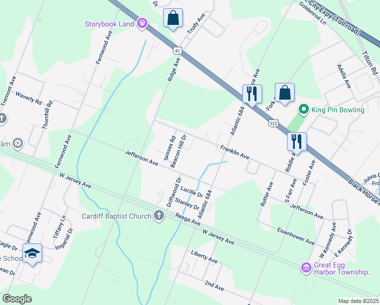 map of restaurants, bars, coffee shops, grocery stores, and more near 108 Suffolk Road in Egg Harbor Township