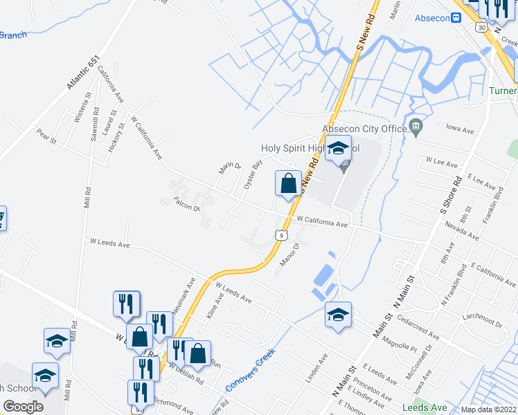 map of restaurants, bars, coffee shops, grocery stores, and more near 440 West California Avenue in Absecon
