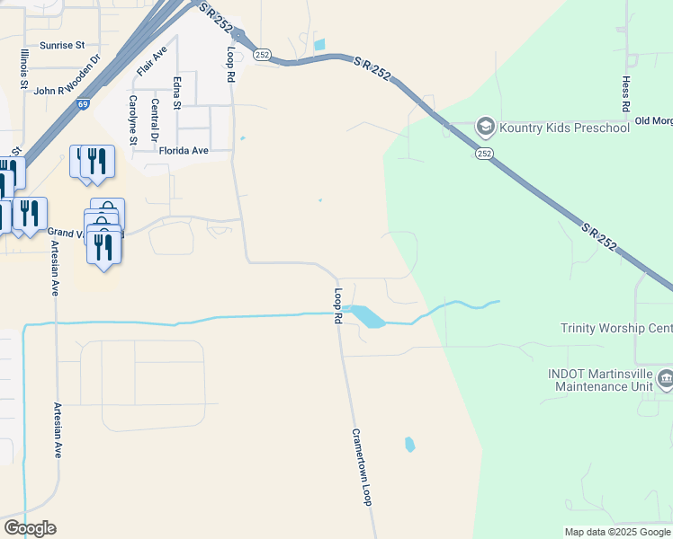 map of restaurants, bars, coffee shops, grocery stores, and more near 1840 Colonial Drive in Martinsville