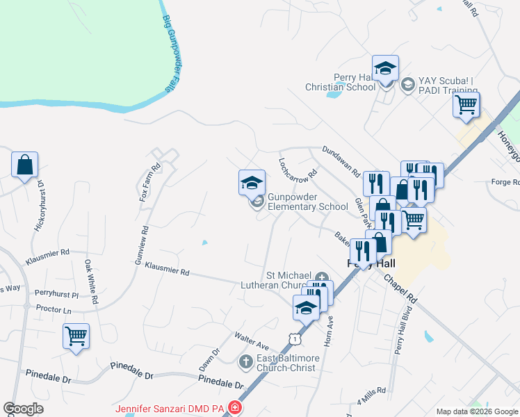 map of restaurants, bars, coffee shops, grocery stores, and more near 9540 Holiday Manor Road in Perry Hall