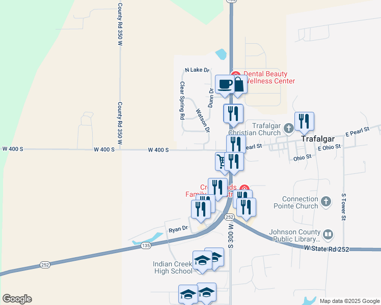 map of restaurants, bars, coffee shops, grocery stores, and more near 809 West 400 South in Trafalgar