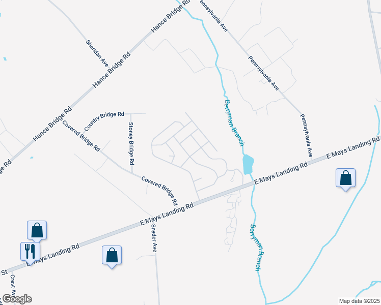 map of restaurants, bars, coffee shops, grocery stores, and more near 2110 Mays Landing Road in Millville