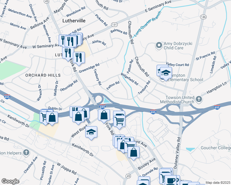map of restaurants, bars, coffee shops, grocery stores, and more near 3 Weston Court in Lutherville