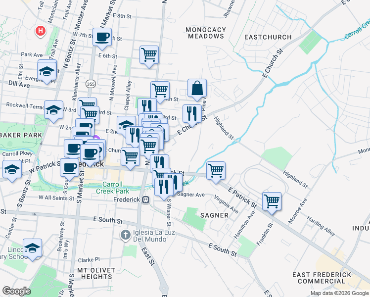 map of restaurants, bars, coffee shops, grocery stores, and more near 49 East Patrick Thru 51-Rear Street in Frederick