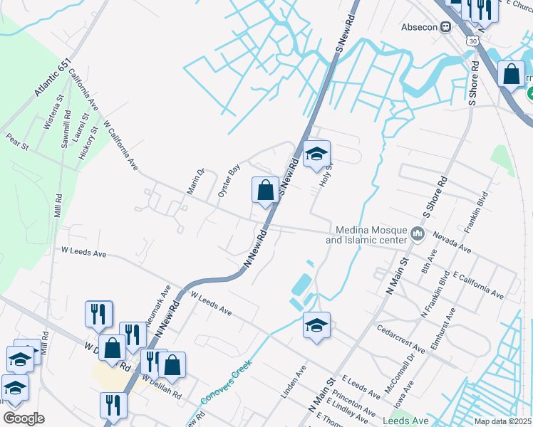 map of restaurants, bars, coffee shops, grocery stores, and more near 705 South New Road in Absecon