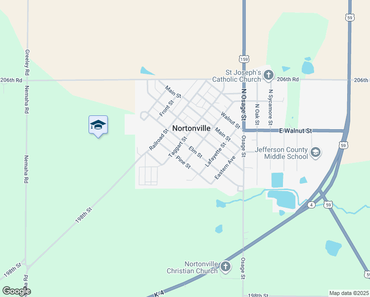 map of restaurants, bars, coffee shops, grocery stores, and more near 415 Elm St in Nortonville