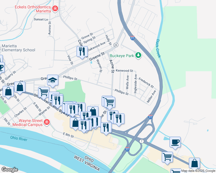 map of restaurants, bars, coffee shops, grocery stores, and more near 641 Phillips Street in Marietta