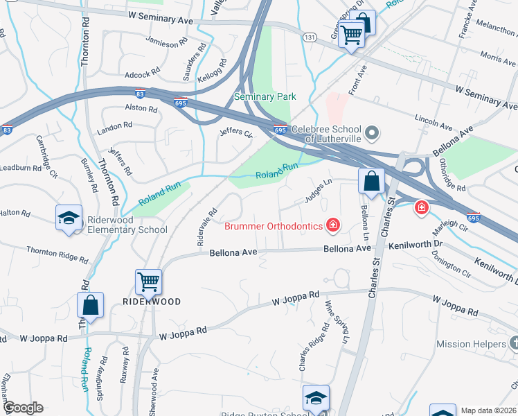map of restaurants, bars, coffee shops, grocery stores, and more near 1213 Trappe Parkway in Towson