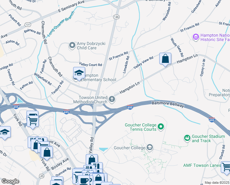 map of restaurants, bars, coffee shops, grocery stores, and more near 508 Hampton Lane in Towson