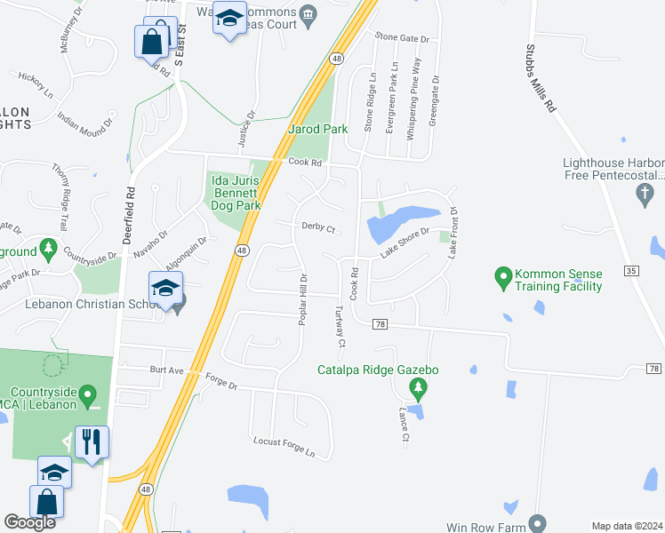 map of restaurants, bars, coffee shops, grocery stores, and more near 1163 Turfway Court in Lebanon