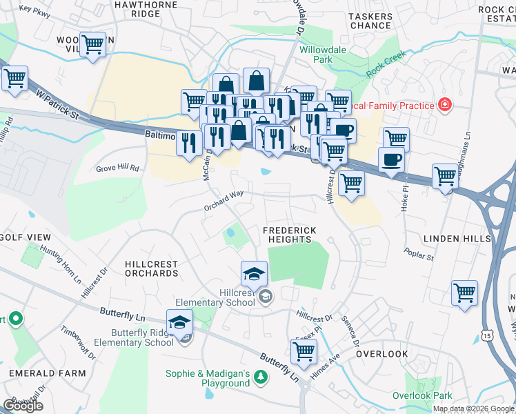 map of restaurants, bars, coffee shops, grocery stores, and more near 1201 Danielle Drive in Frederick