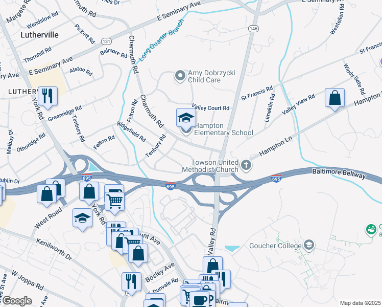 map of restaurants, bars, coffee shops, grocery stores, and more near 210 Rothwell Drive in Timonium