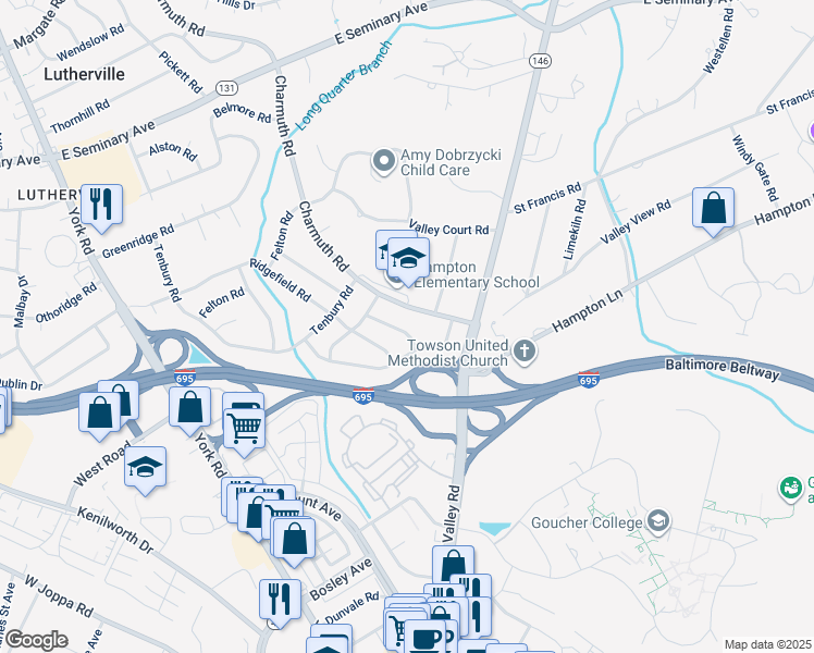 map of restaurants, bars, coffee shops, grocery stores, and more near 210 Rothwell Drive in Timonium