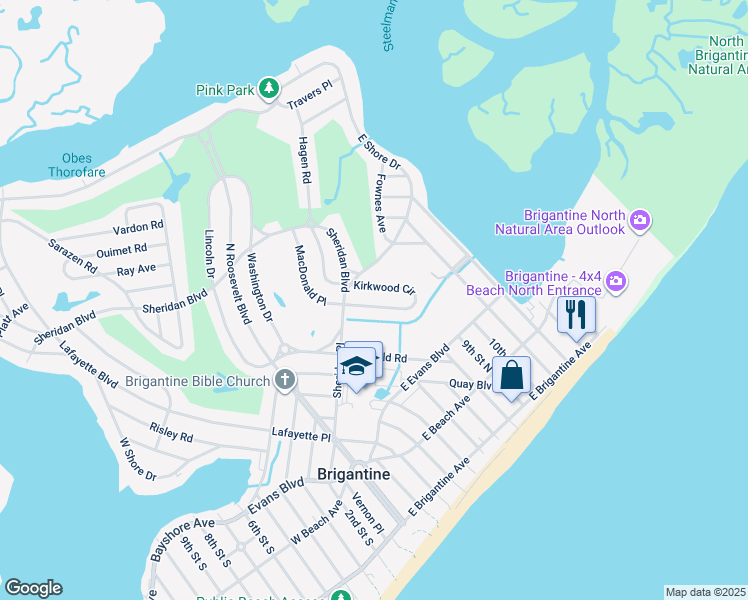 map of restaurants, bars, coffee shops, grocery stores, and more near 9 Kirkwood Circle in Brigantine