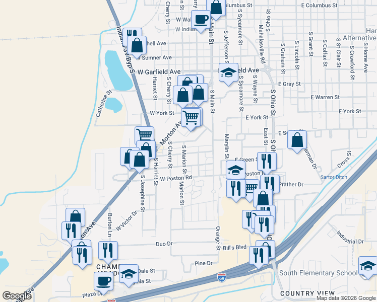 map of restaurants, bars, coffee shops, grocery stores, and more near 1280 South Mulberry Street in Martinsville