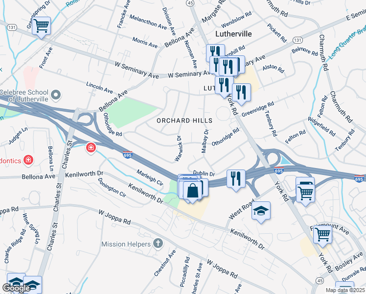map of restaurants, bars, coffee shops, grocery stores, and more near 39 Othoridge Road in Lutherville-Timonium