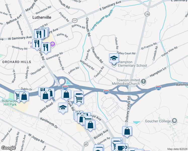 map of restaurants, bars, coffee shops, grocery stores, and more near 114 Tenbury Road in Lutherville-Timonium