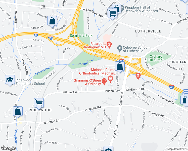 map of restaurants, bars, coffee shops, grocery stores, and more near 16 Malibu Court in Towson