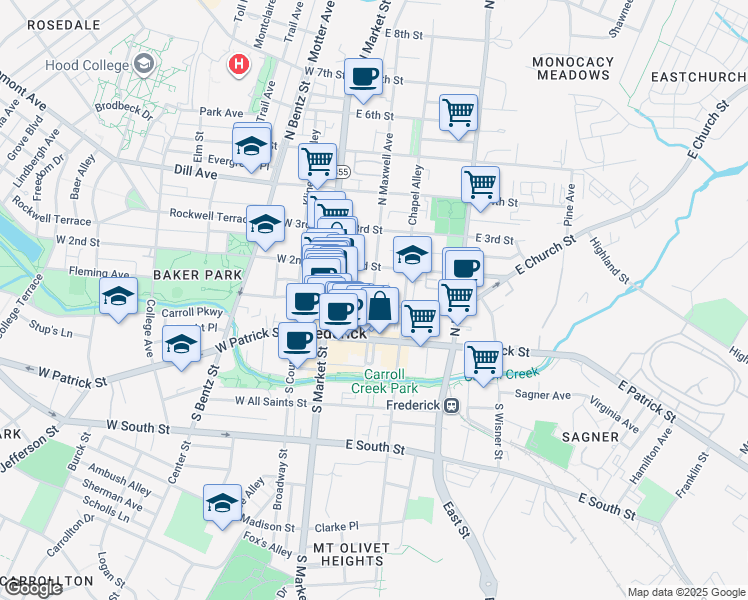 map of restaurants, bars, coffee shops, grocery stores, and more near 101 East Church Street in Frederick