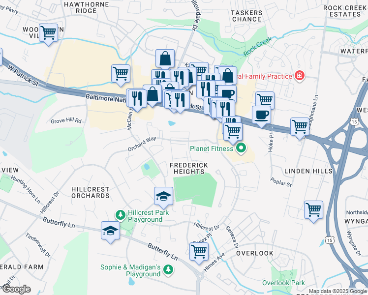 map of restaurants, bars, coffee shops, grocery stores, and more near 1214 Alban Court in Frederick