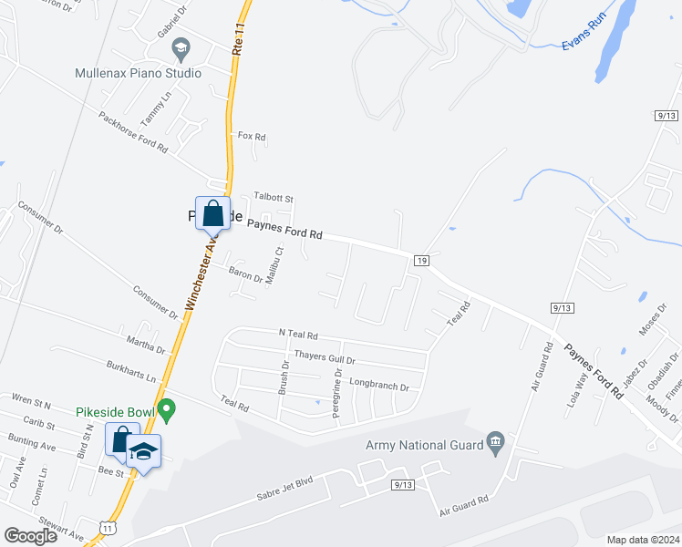 map of restaurants, bars, coffee shops, grocery stores, and more near 12 Britania Court in Martinsburg