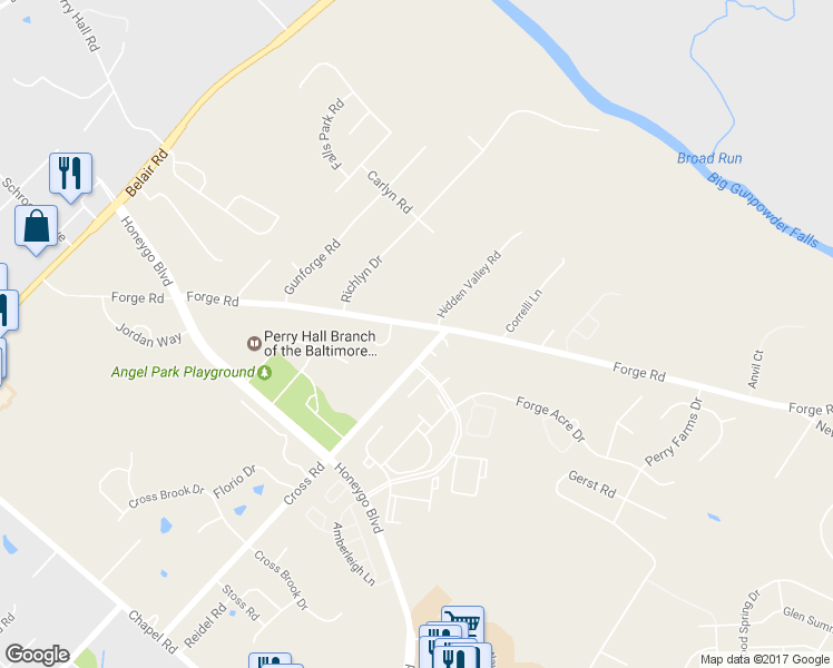 map of restaurants, bars, coffee shops, grocery stores, and more near 4517 Forge Road in Perry Hall