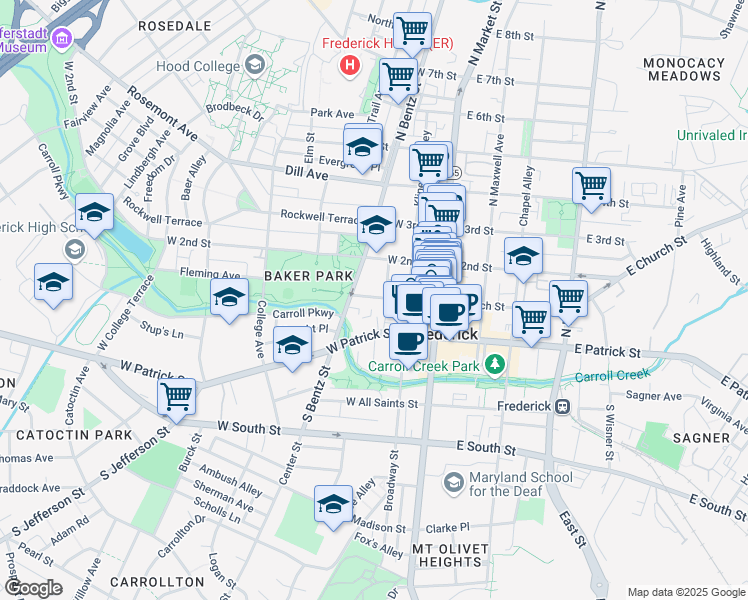 map of restaurants, bars, coffee shops, grocery stores, and more near 118 West Church Street in Frederick