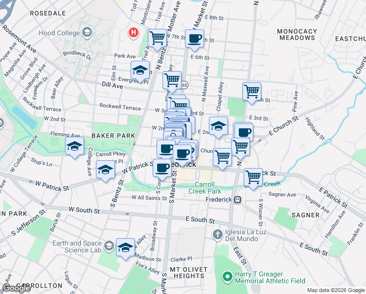 map of restaurants, bars, coffee shops, grocery stores, and more near 9 East Church Street in Frederick
