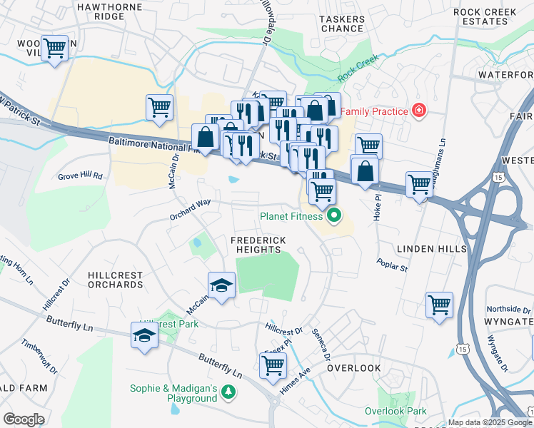 map of restaurants, bars, coffee shops, grocery stores, and more near 1133 Frontline Drive in Frederick